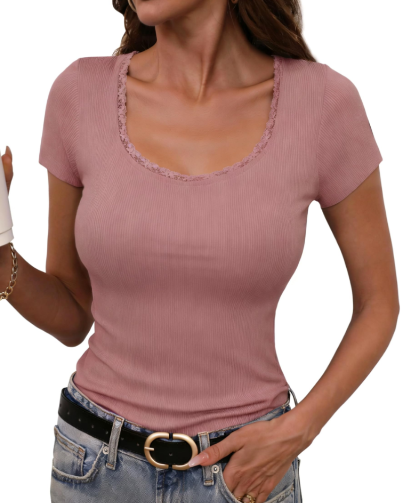 T-shirt de senhora Greer canelado em algodão – gola redonda, mangas curtas, corte justo e elástico