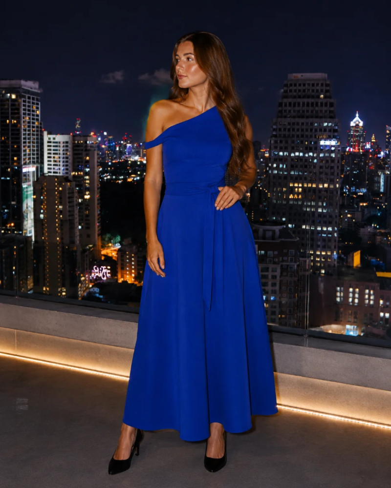 Aurora Robe Maxi Femme – Robe Longue Asymétrique à Épaule Dénudée avec Ceinture Élégante