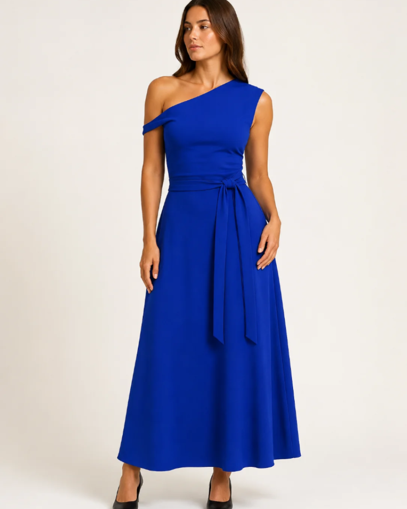 Aurora Robe Maxi Femme – Robe Longue Asymétrique à Épaule Dénudée avec Ceinture Élégante