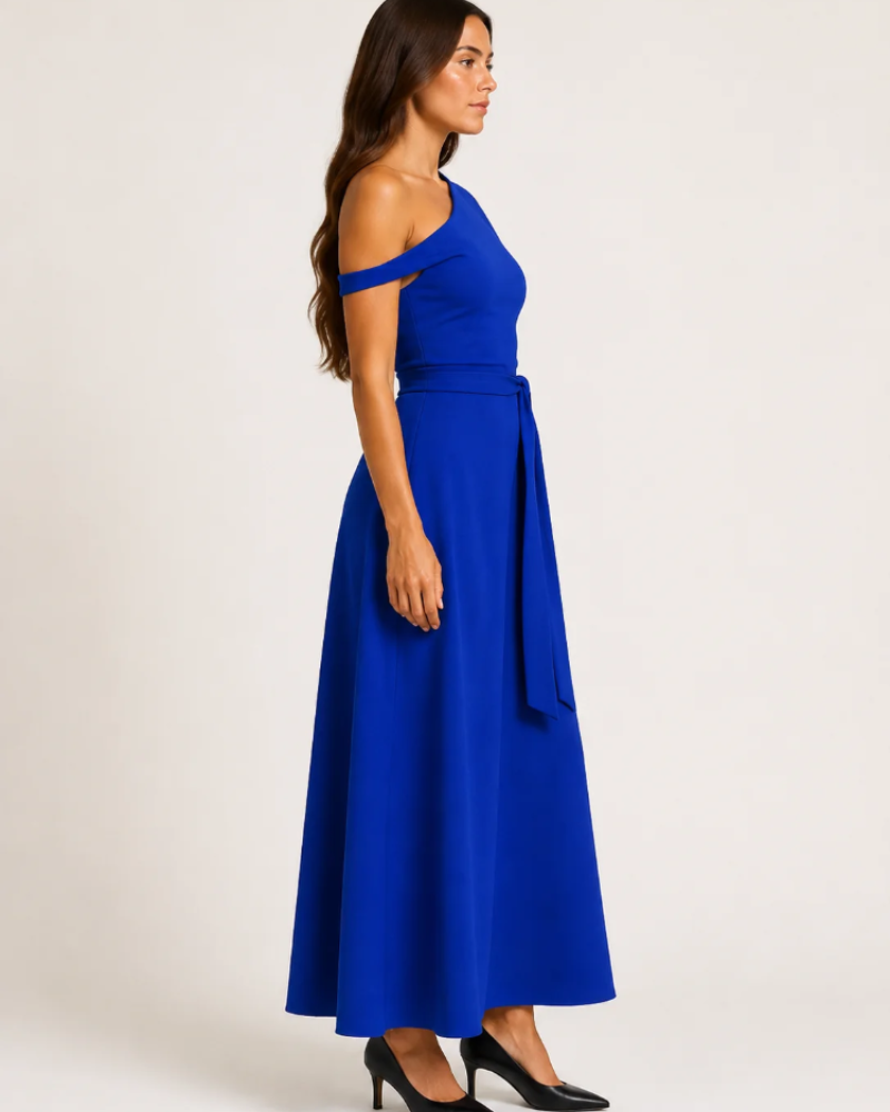 Aurora Robe Maxi Femme – Robe Longue Asymétrique à Épaule Dénudée avec Ceinture Élégante