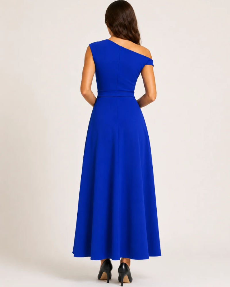 Aurora Robe Maxi Femme – Robe Longue Asymétrique à Épaule Dénudée avec Ceinture Élégante