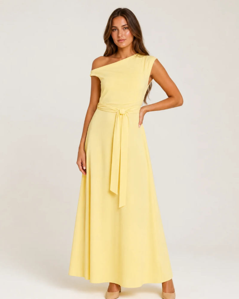 Aurora Robe Maxi Femme – Robe Longue Asymétrique à Épaule Dénudée avec Ceinture Élégante