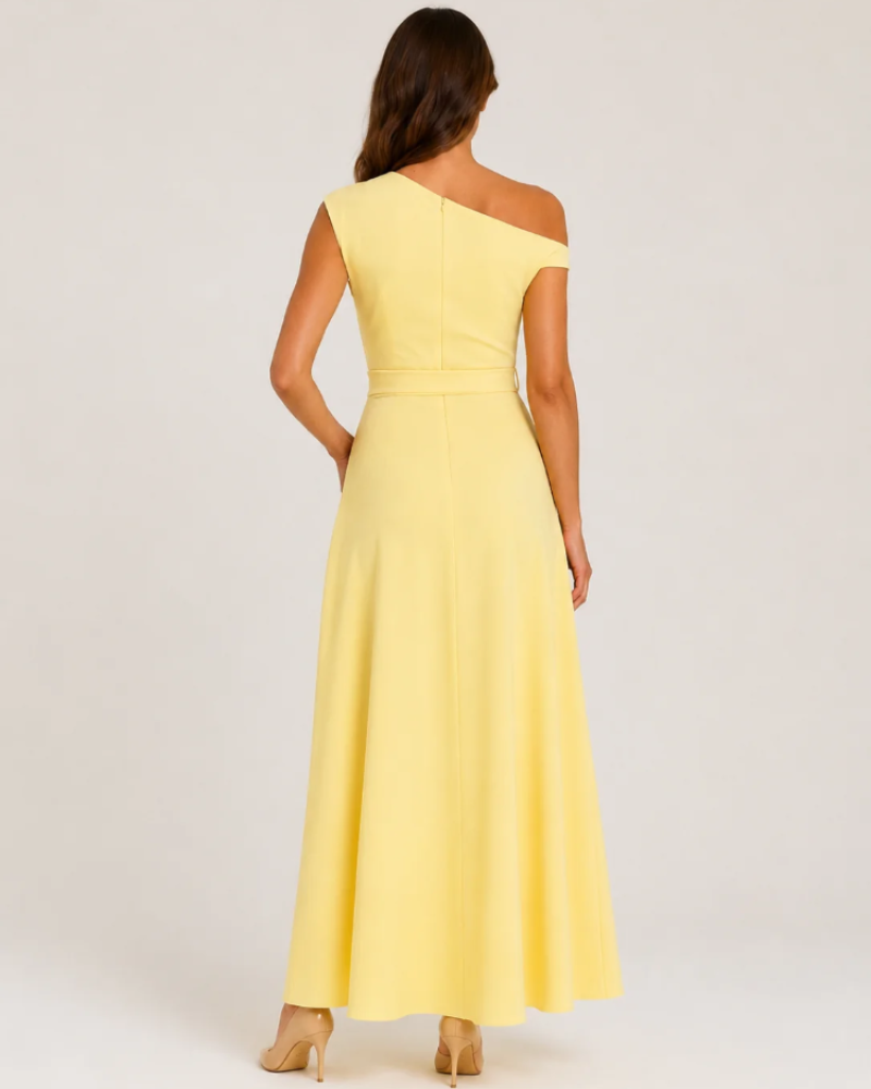 Aurora Robe Maxi Femme – Robe Longue Asymétrique à Épaule Dénudée avec Ceinture Élégante