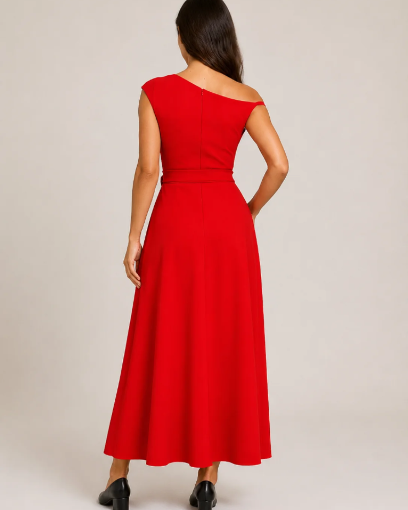 Aurora Robe Maxi Femme – Robe Longue Asymétrique à Épaule Dénudée avec Ceinture Élégante