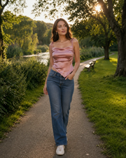 Harper Top Satin Femme – Elegantní asymetrický krátký růžový top se šněrováním