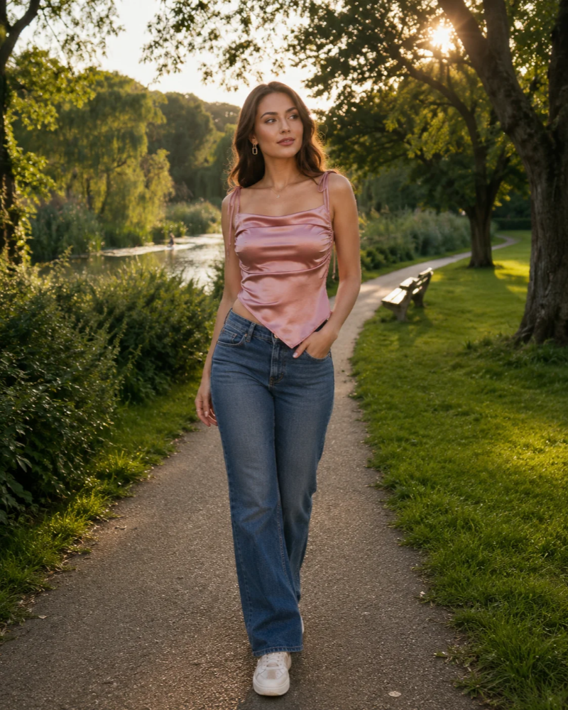 Harper Top Satin Femme – Elegantní asymetrický krátký růžový top se šněrováním