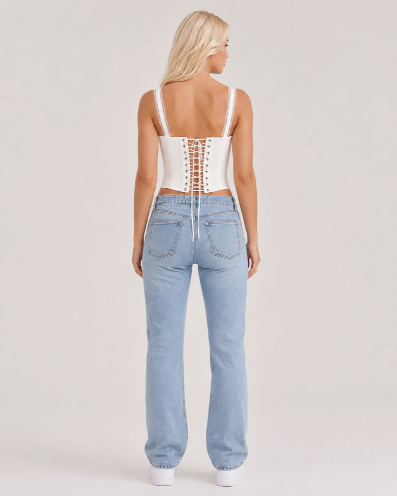 Hazel Top Corset Femme – Bustier Blanc à Lacets avec Bretelles en Dentelle et Volants