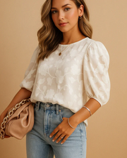Hadley Chemisier Femme – Blouse Fleurie à Manches Bouffantes et Col Rond Élégant
