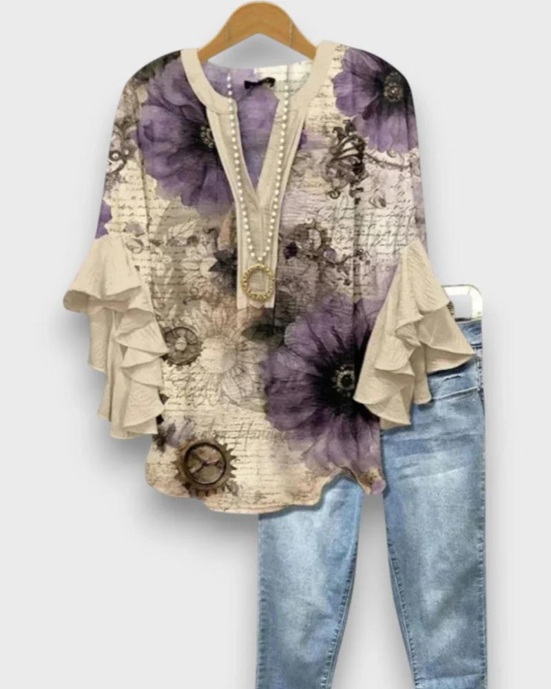 Quinn Chemisier Femme – Blouse Fleurie à Col V avec Manches Volantées Élégantes