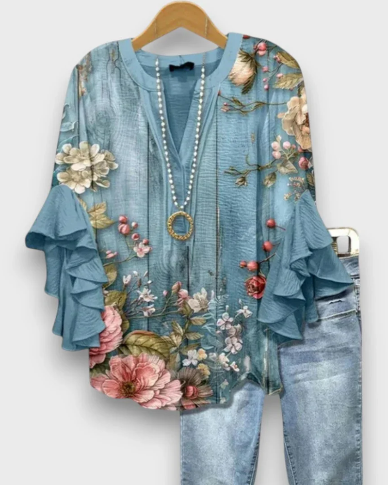 Quinn Chemisier Femme – Blouse Fleurie à Col V avec Manches Volantées Élégantes