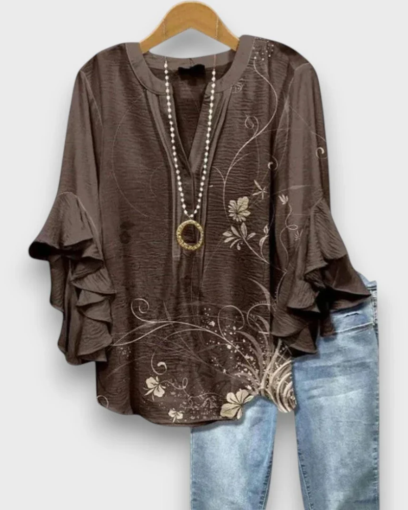 Quinn Chemisier Femme – Blouse Fleurie à Col V avec Manches Volantées Élégantes