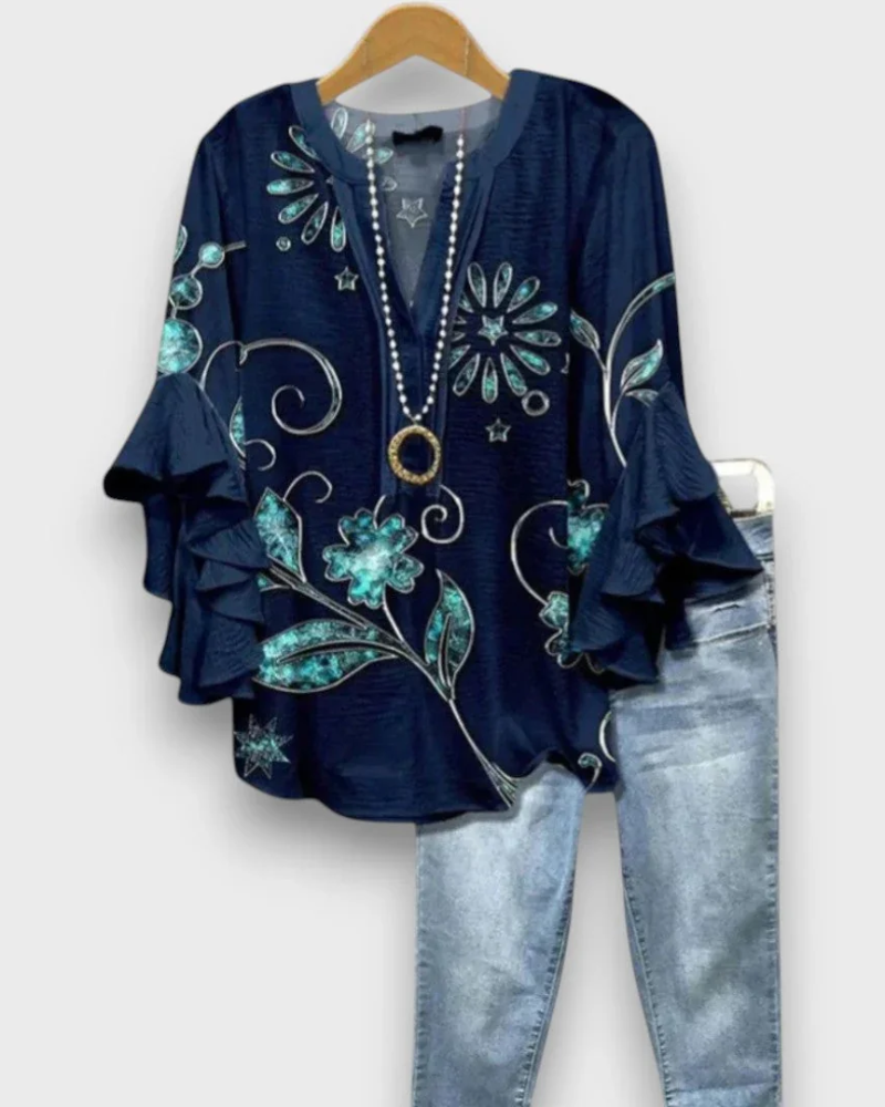 Quinn Chemisier Femme – Blouse Fleurie à Col V avec Manches Volantées Élégantes