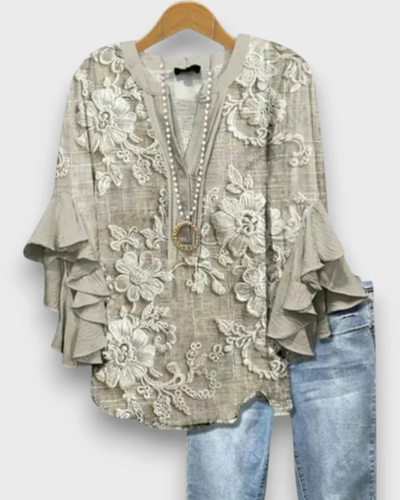 Quinn Chemisier Femme – Blouse Fleurie à Col V avec Manches Volantées Élégantes