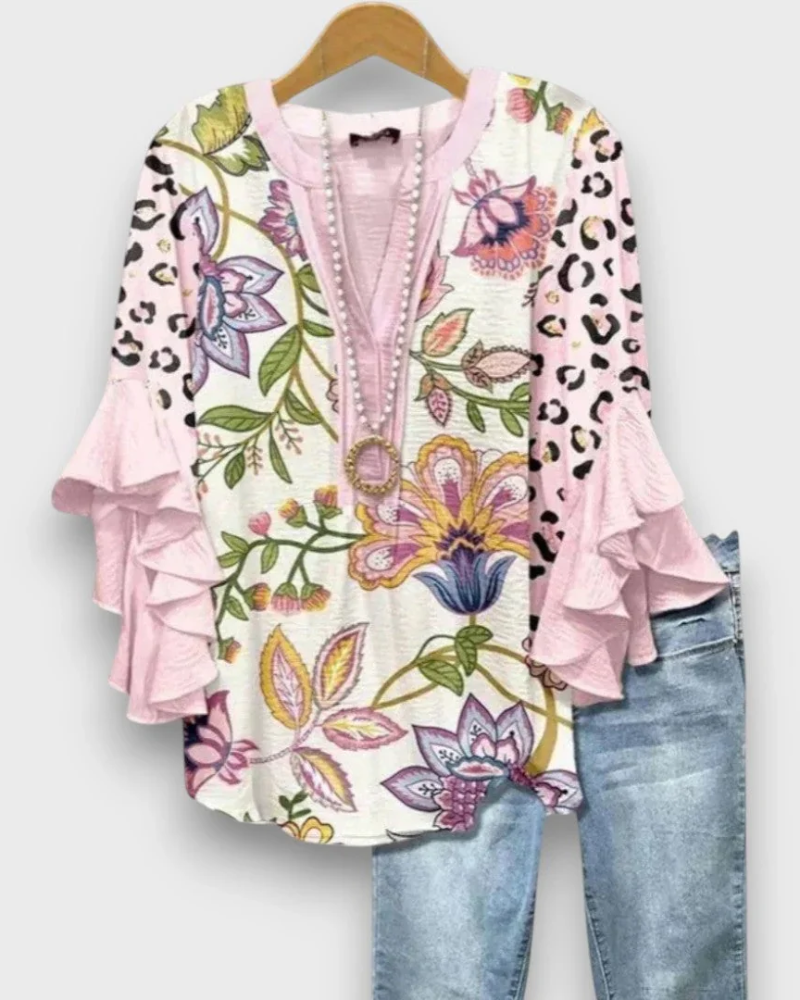 Quinn Chemisier Femme – Blouse Fleurie à Col V avec Manches Volantées Élégantes