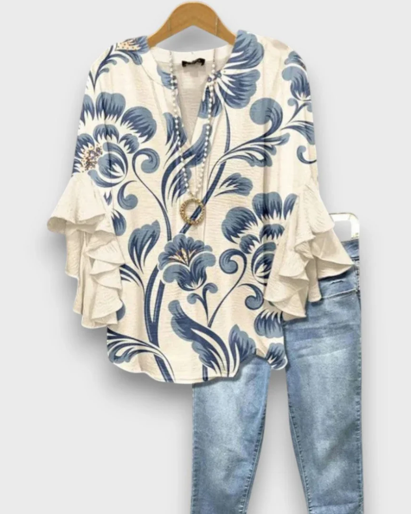 Quinn Chemisier Femme – Blouse Fleurie à Col V avec Manches Volantées Élégantes