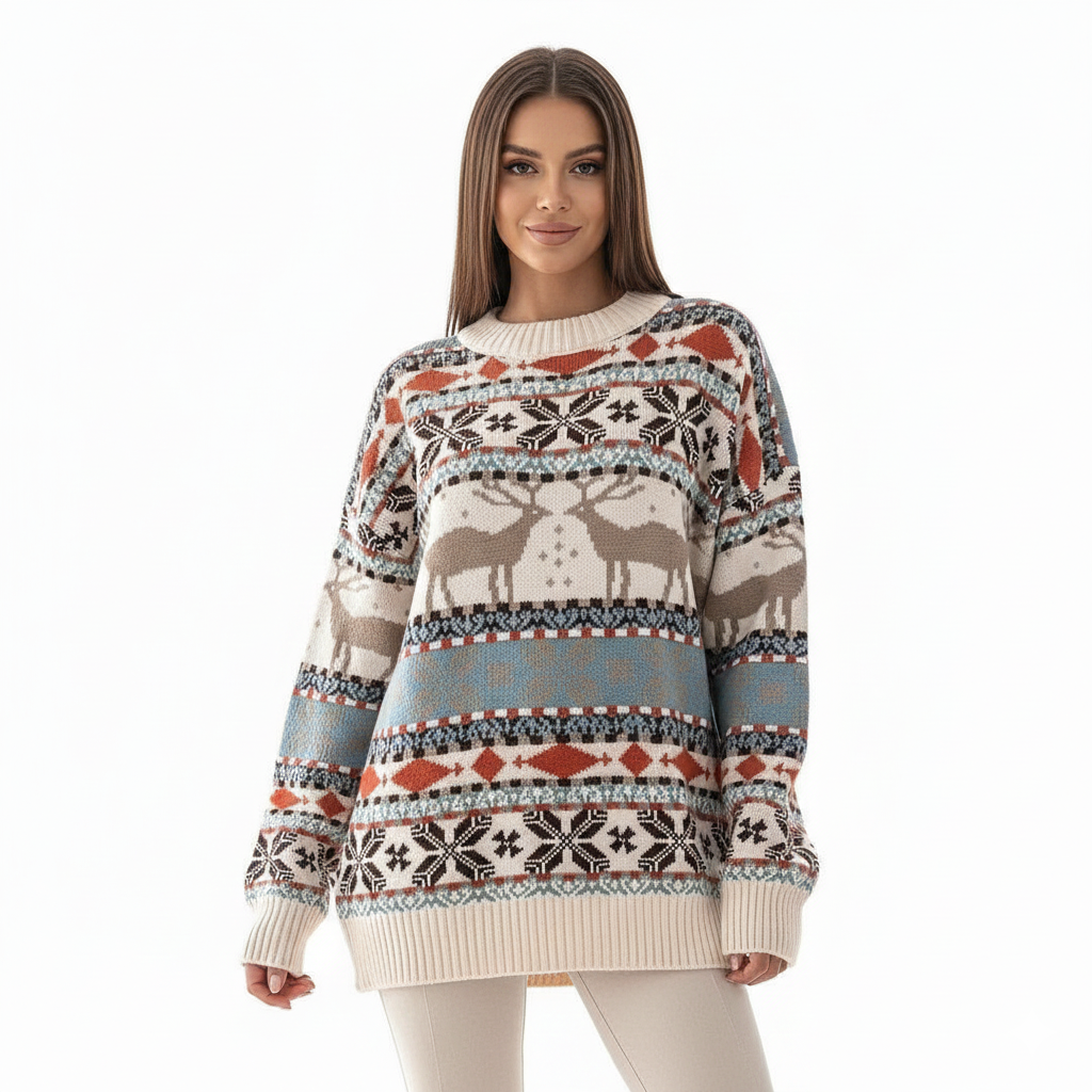 Lydia Pull de Noël Femme – Tricot Hivernal Motif Renne & Flocons Coupe Confortable