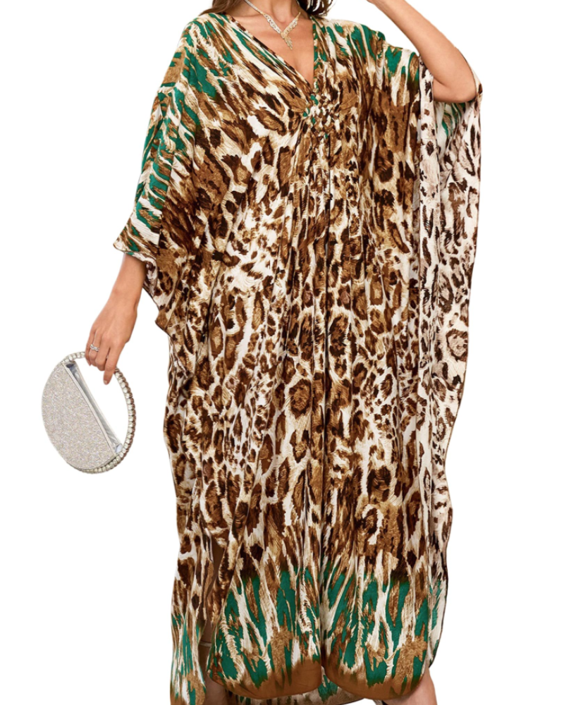 Yana Kaftan Mulher Tamanho Grande – Vestido de Praia Maxi em Viscose, Decote em V e Mangas Morcego Boémio