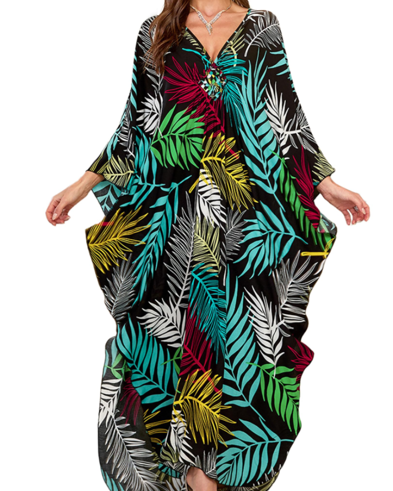 Yana Kaftan Mulher Tamanho Grande – Vestido de Praia Maxi em Viscose, Decote em V e Mangas Morcego Boémio