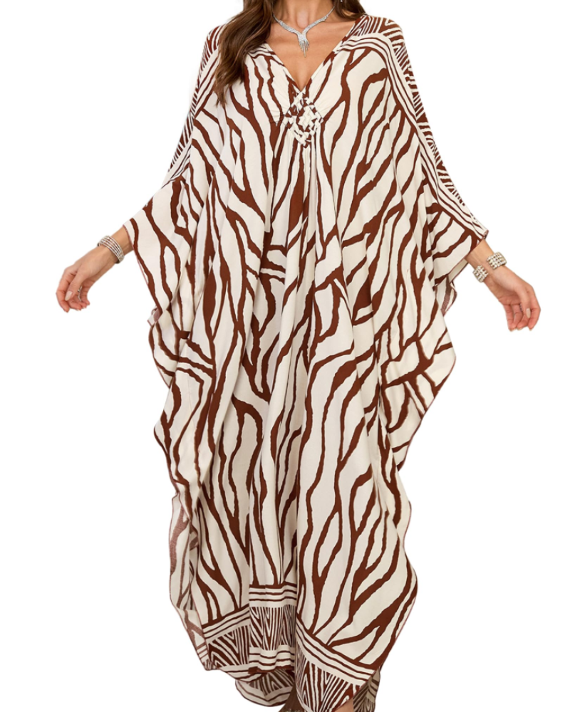 Yana Kaftan Mulher Tamanho Grande – Vestido de Praia Maxi em Viscose, Decote em V e Mangas Morcego Boémio