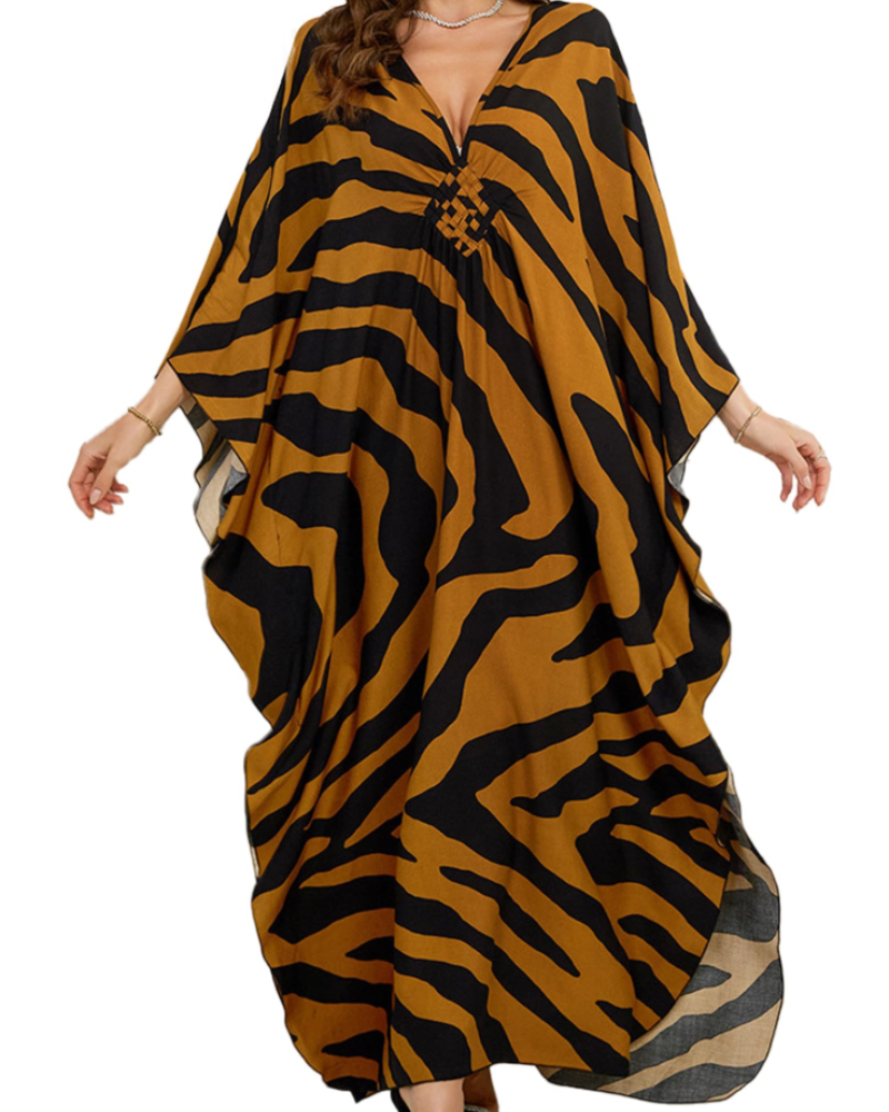 Yana Kaftan Mulher Tamanho Grande – Vestido de Praia Maxi em Viscose, Decote em V e Mangas Morcego Boémio