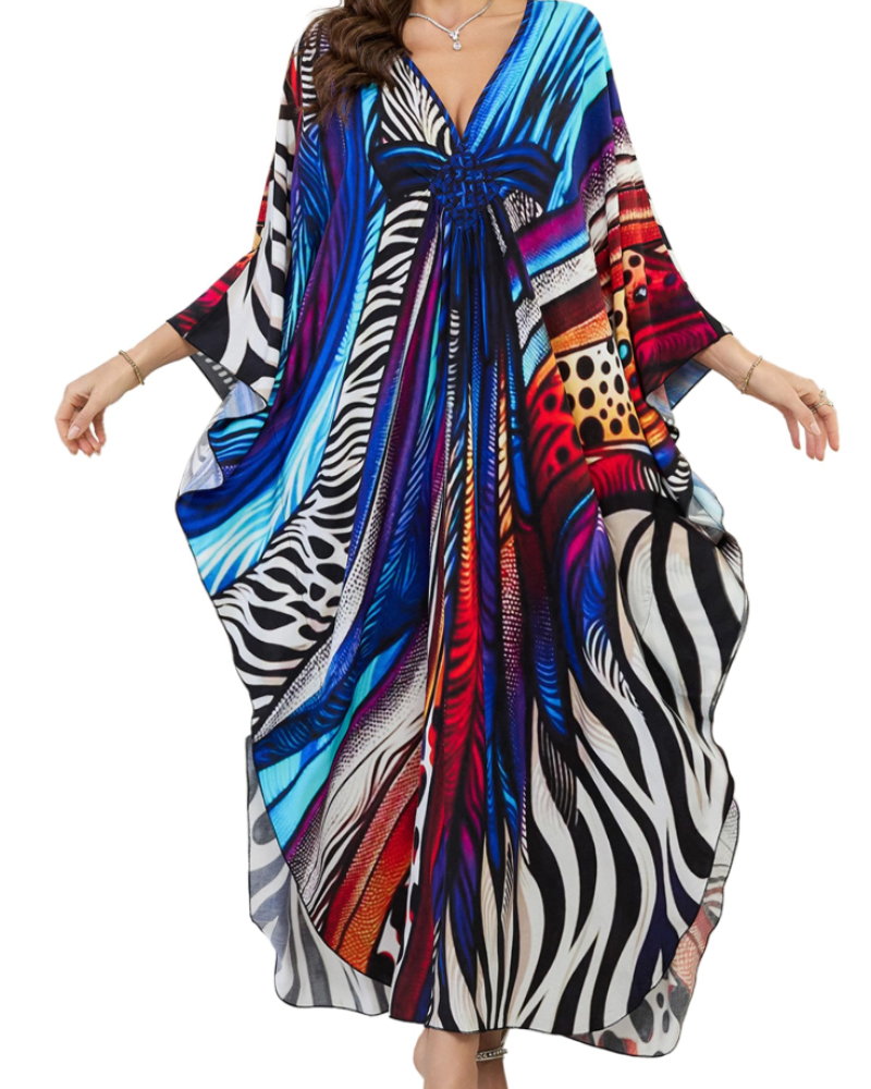 Yana Kaftan Mulher Tamanho Grande – Vestido de Praia Maxi em Viscose, Decote em V e Mangas Morcego Boémio