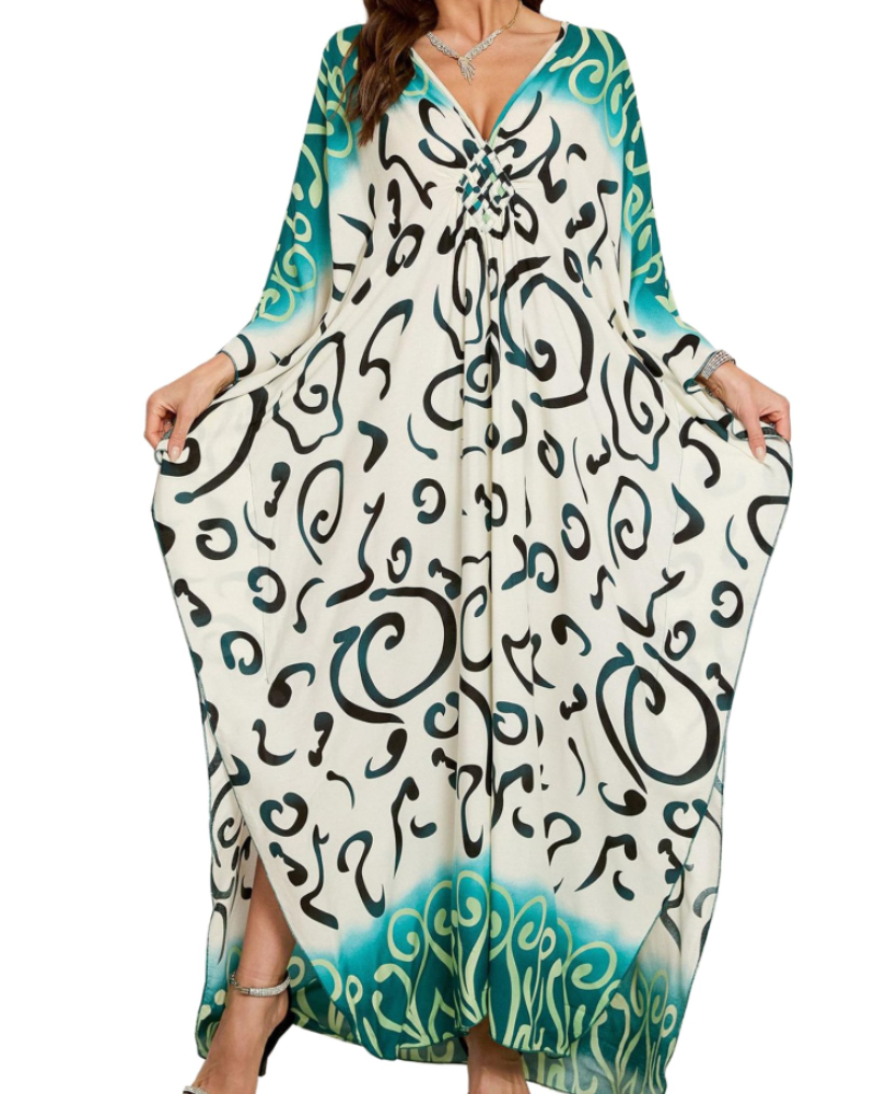 Yana Kaftan Mulher Tamanho Grande – Vestido de Praia Maxi em Viscose, Decote em V e Mangas Morcego Boémio