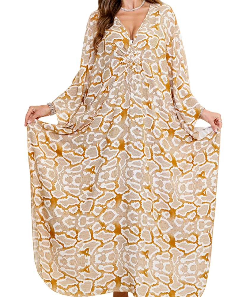 Yana Kaftan Mulher Tamanho Grande – Vestido de Praia Maxi em Viscose, Decote em V e Mangas Morcego Boémio