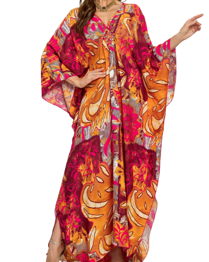 Yana Kaftan Mulher Tamanho Grande – Vestido de Praia Maxi em Viscose, Decote em V e Mangas Morcego Boémio