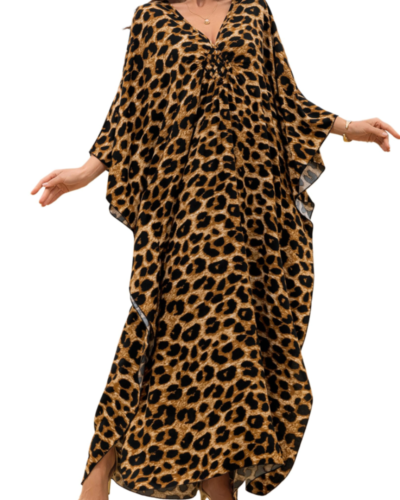 Yana Kaftan Mulher Tamanho Grande – Vestido de Praia Maxi em Viscose, Decote em V e Mangas Morcego Boémio