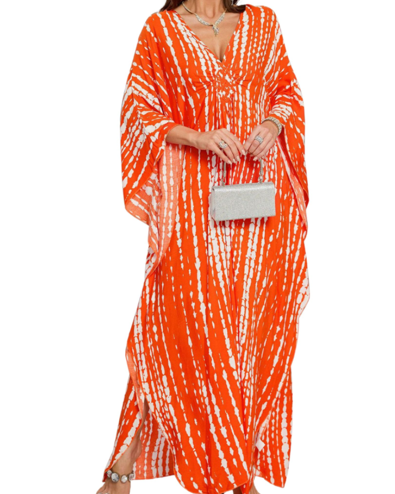 Yana Kaftan Mulher Tamanho Grande – Vestido de Praia Maxi em Viscose, Decote em V e Mangas Morcego Boémio