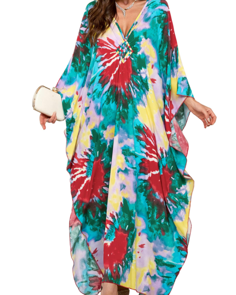 Yana Kaftan Mulher Tamanho Grande – Vestido de Praia Maxi em Viscose, Decote em V e Mangas Morcego Boémio