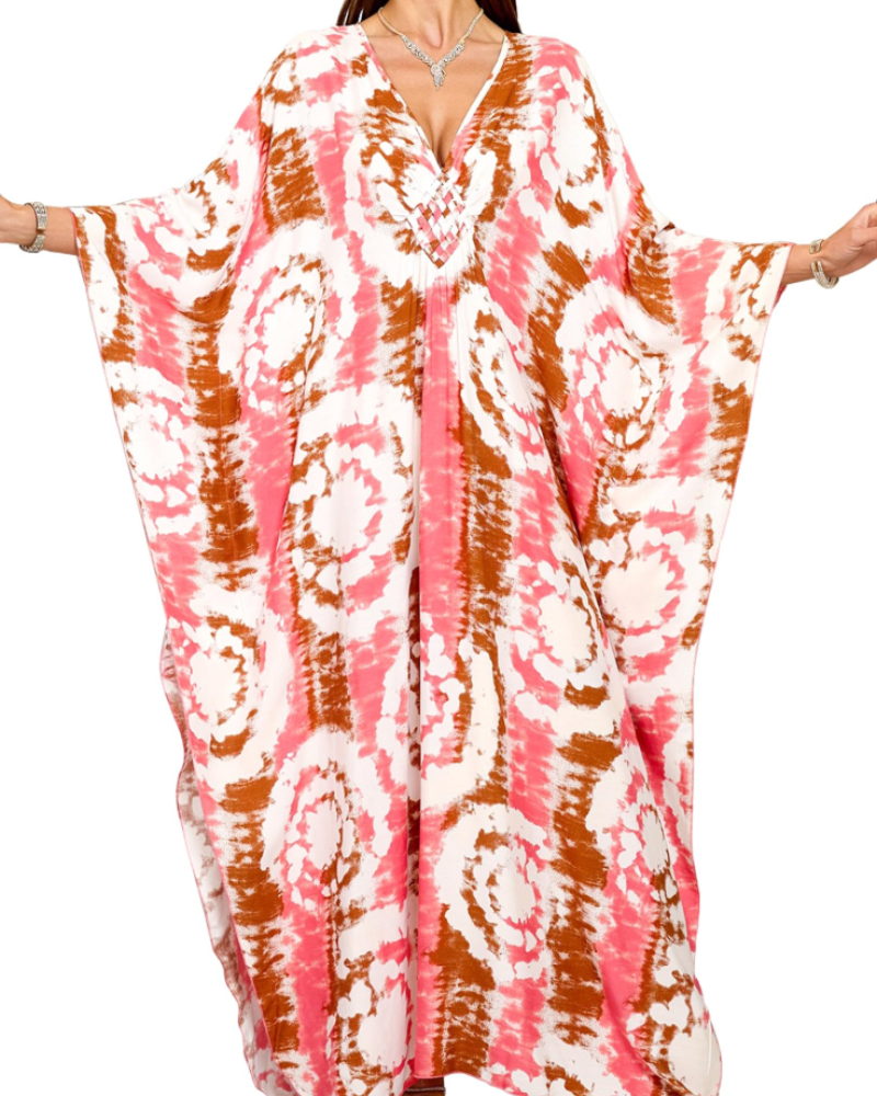 Yana Kaftan Mulher Tamanho Grande – Vestido de Praia Maxi em Viscose, Decote em V e Mangas Morcego Boémio