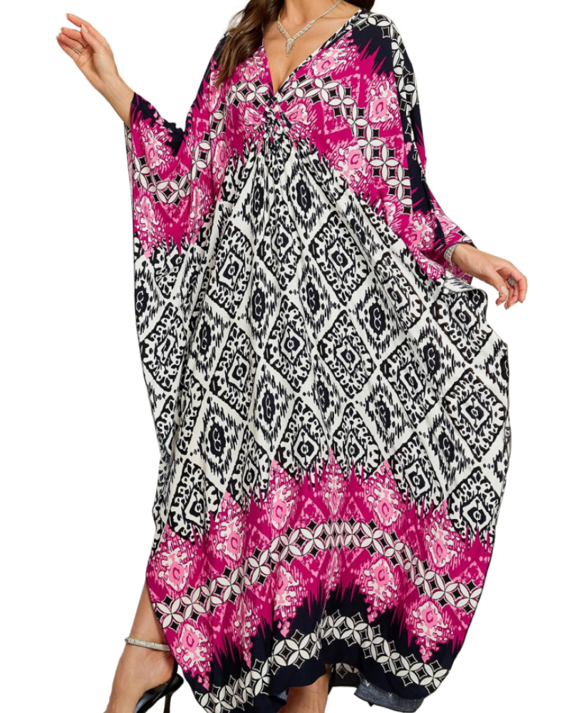 Yana Kaftan Mulher Tamanho Grande – Vestido de Praia Maxi em Viscose, Decote em V e Mangas Morcego Boémio