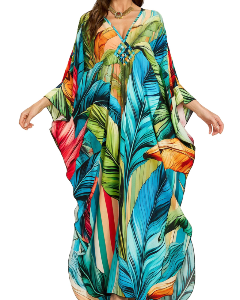 Yana Kaftan Mulher Tamanho Grande – Vestido de Praia Maxi em Viscose, Decote em V e Mangas Morcego Boémio