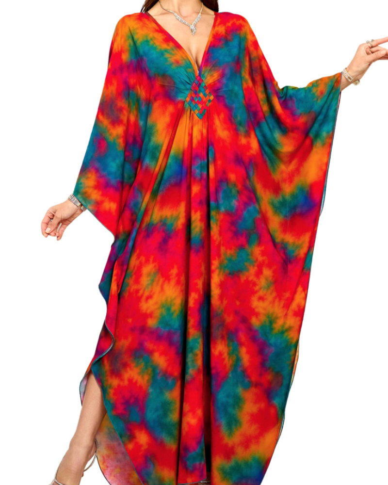 Yana Kaftan Mulher Tamanho Grande – Vestido de Praia Maxi em Viscose, Decote em V e Mangas Morcego Boémio