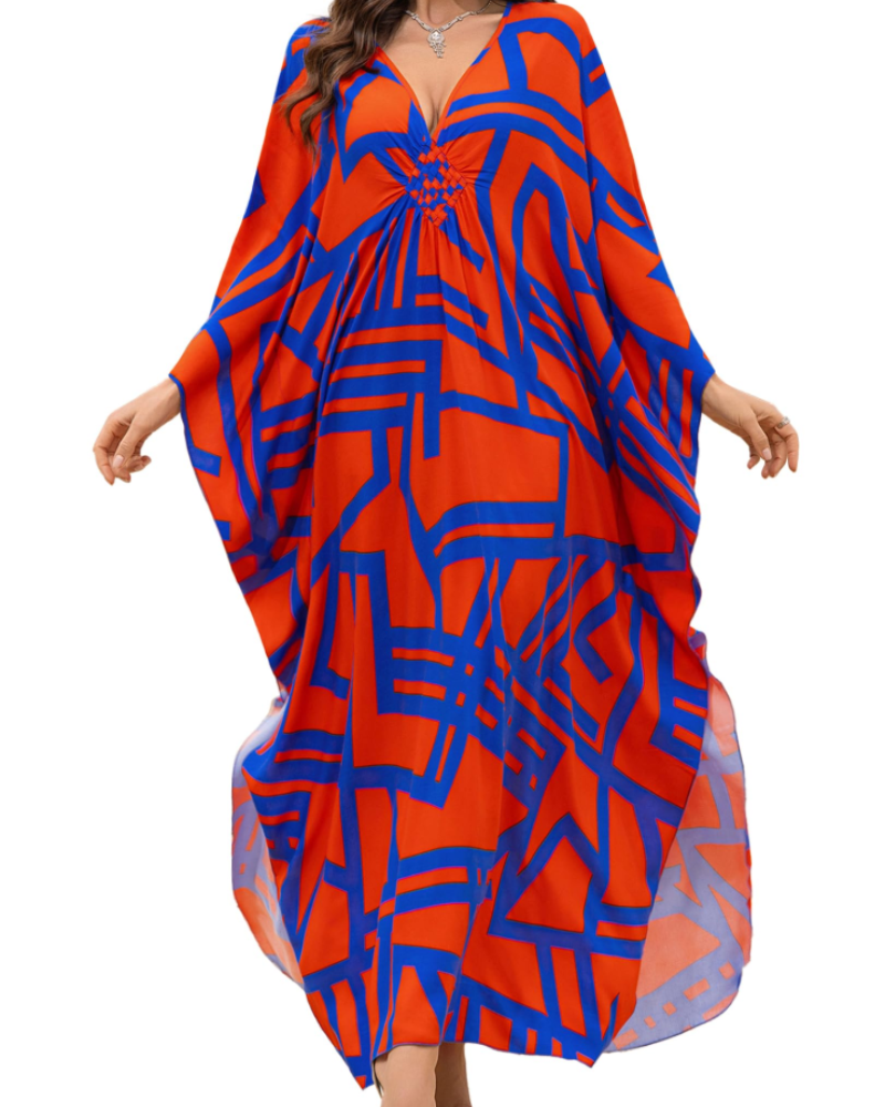 Yana Kaftan Mulher Tamanho Grande – Vestido de Praia Maxi em Viscose, Decote em V e Mangas Morcego Boémio
