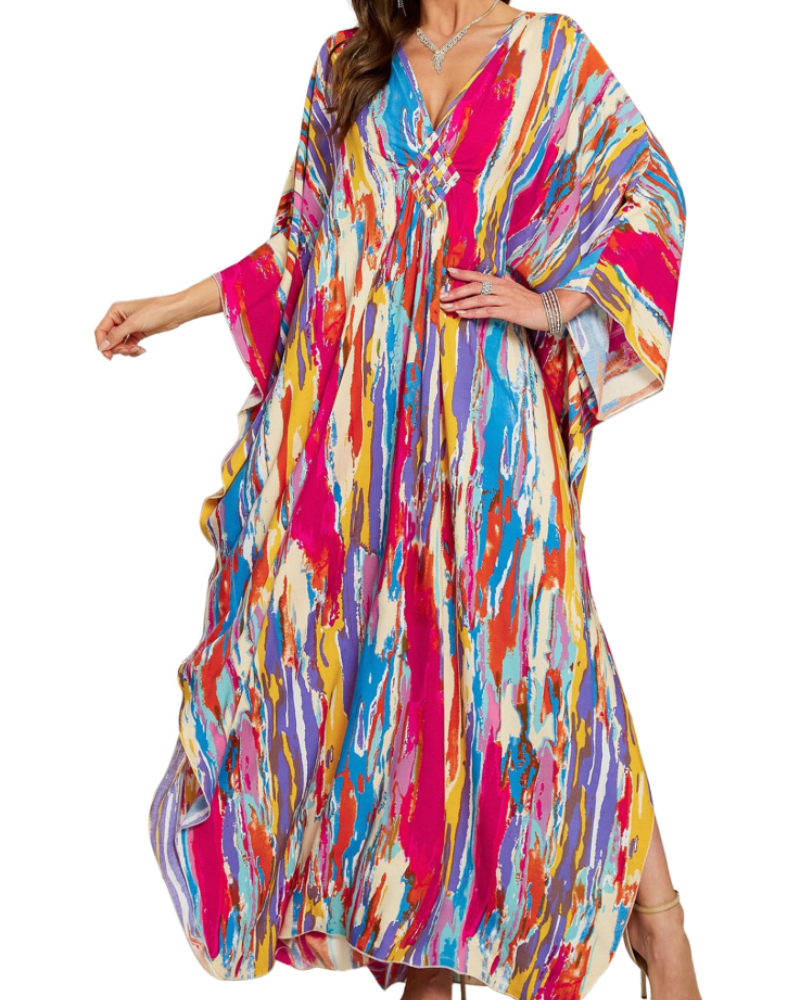 Yana Kaftan Mulher Tamanho Grande – Vestido de Praia Maxi em Viscose, Decote em V e Mangas Morcego Boémio