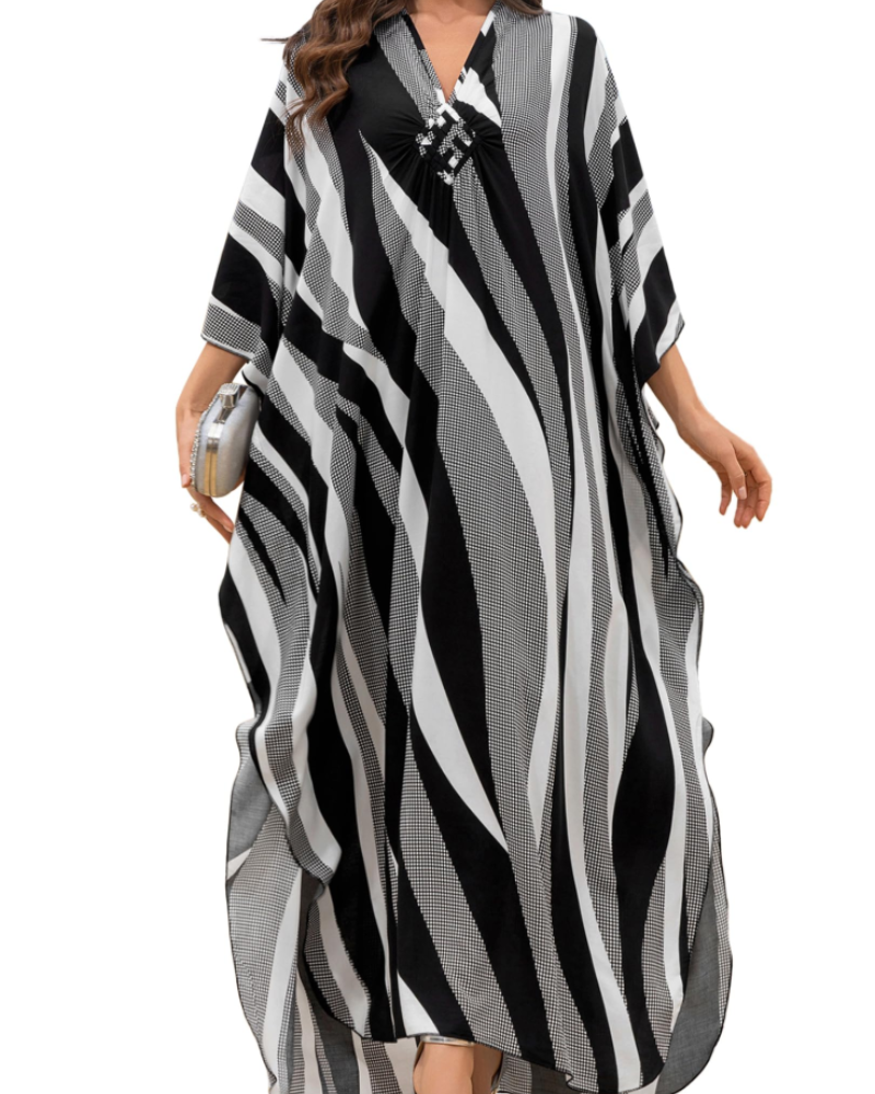 Yana Kaftan Mulher Tamanho Grande – Vestido de Praia Maxi em Viscose, Decote em V e Mangas Morcego Boémio