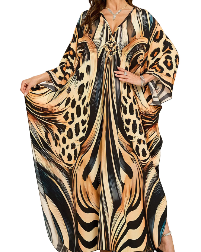 Yana Kaftan Mulher Tamanho Grande – Vestido de Praia Maxi em Viscose, Decote em V e Mangas Morcego Boémio