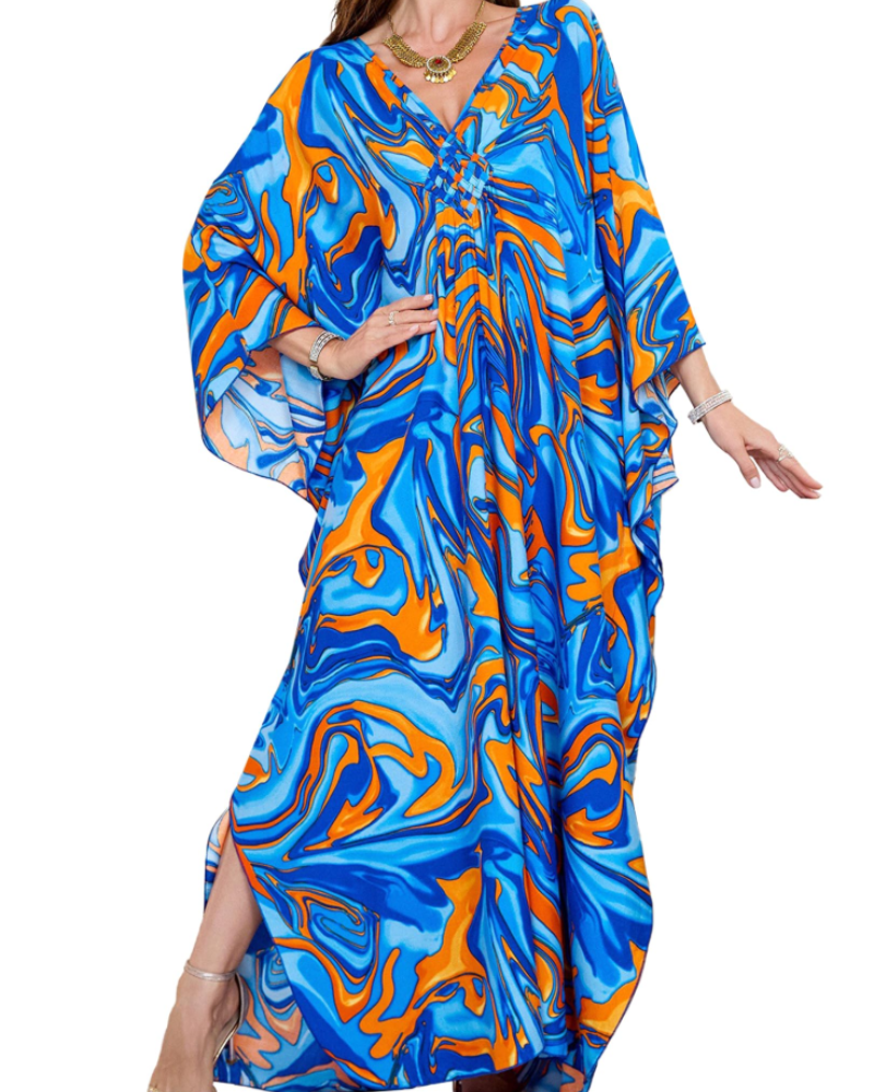 Yana Kaftan Mulher Tamanho Grande – Vestido de Praia Maxi em Viscose, Decote em V e Mangas Morcego Boémio