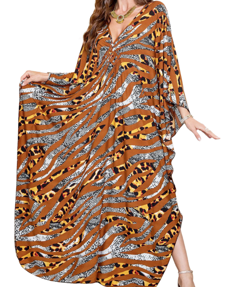 Yana Kaftan Mulher Tamanho Grande – Vestido de Praia Maxi em Viscose, Decote em V e Mangas Morcego Boémio