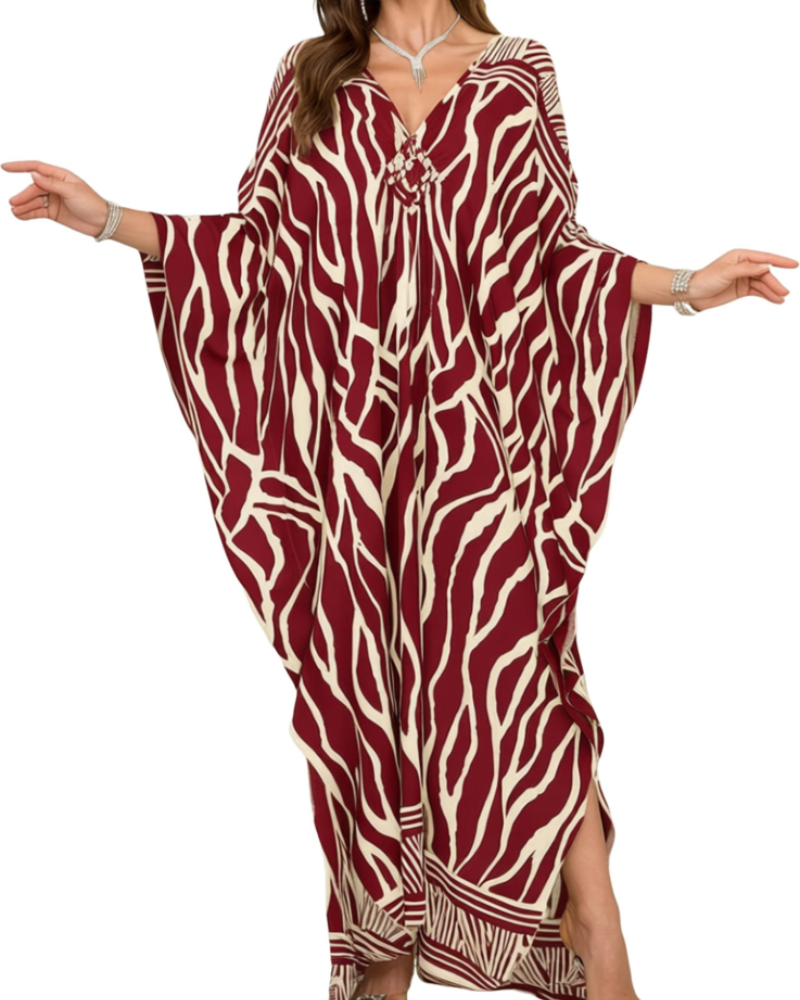 Yana Kaftan Mulher Tamanho Grande – Vestido de Praia Maxi em Viscose, Decote em V e Mangas Morcego Boémio