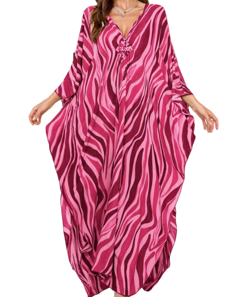 Yana Kaftan Mulher Tamanho Grande – Vestido de Praia Maxi em Viscose, Decote em V e Mangas Morcego Boémio