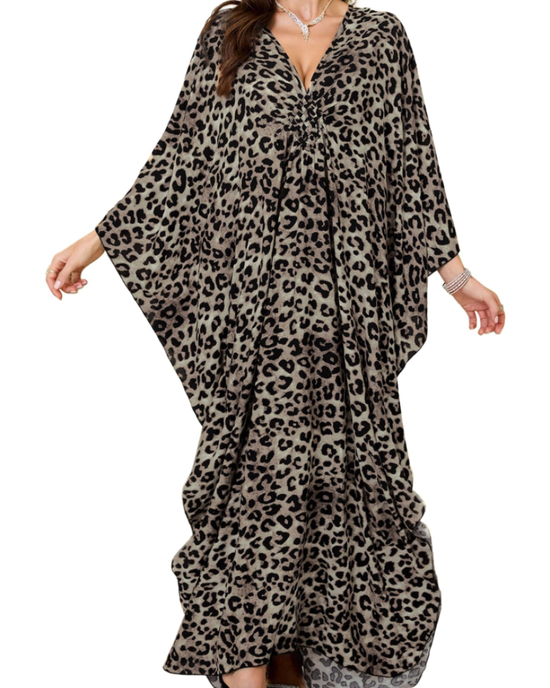 Yana Kaftan Mulher Tamanho Grande – Vestido de Praia Maxi em Viscose, Decote em V e Mangas Morcego Boémio