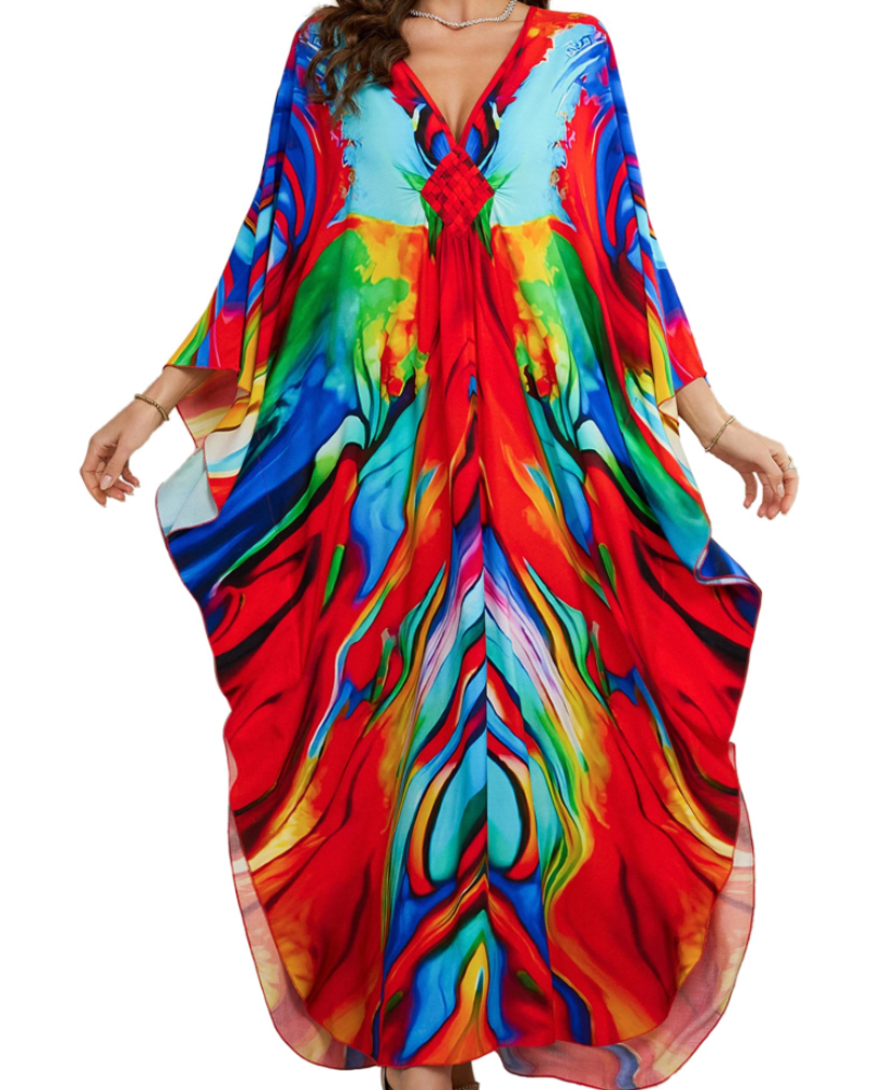 Yana Kaftan Mulher Tamanho Grande – Vestido de Praia Maxi em Viscose, Decote em V e Mangas Morcego Boémio