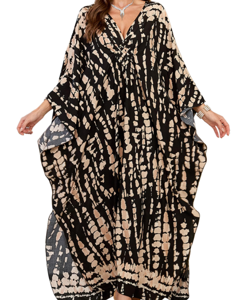 Yana Kaftan Mulher Tamanho Grande – Vestido de Praia Maxi em Viscose, Decote em V e Mangas Morcego Boémio
