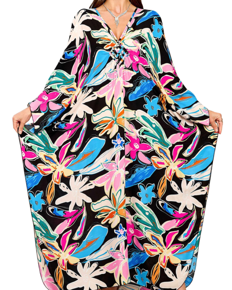 Yana Kaftan Mulher Tamanho Grande – Vestido de Praia Maxi em Viscose, Decote em V e Mangas Morcego Boémio