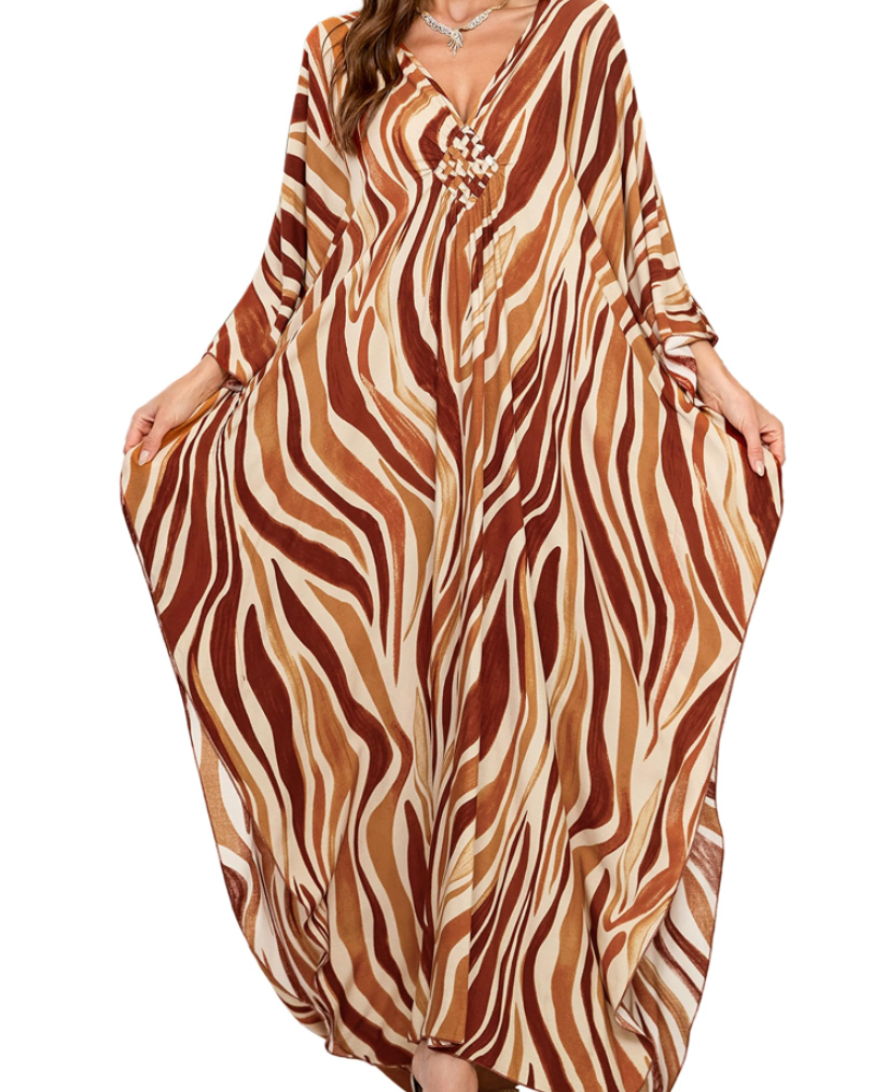 Yana Kaftan Mulher Tamanho Grande – Vestido de Praia Maxi em Viscose, Decote em V e Mangas Morcego Boémio