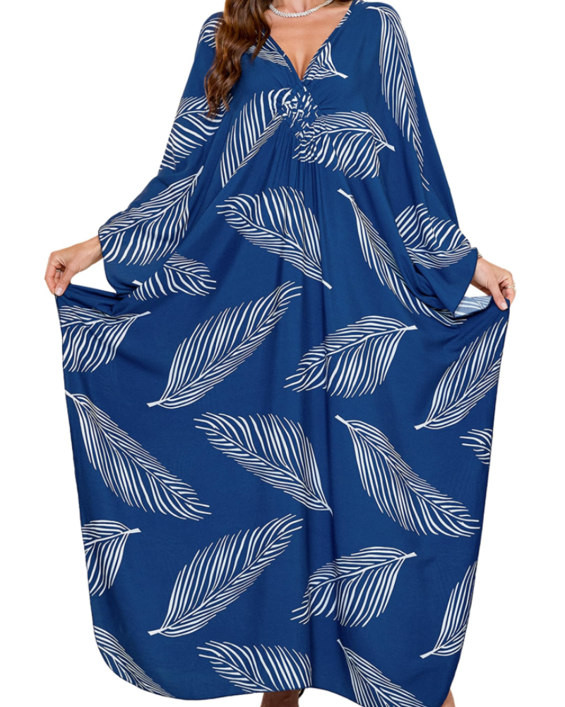 Yana Kaftan Mulher Tamanho Grande – Vestido de Praia Maxi em Viscose, Decote em V e Mangas Morcego Boémio