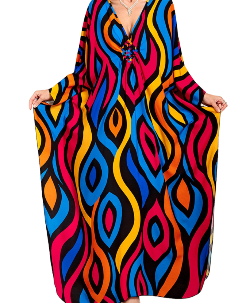 Yana Kaftan Mulher Tamanho Grande – Vestido de Praia Maxi em Viscose, Decote em V e Mangas Morcego Boémio